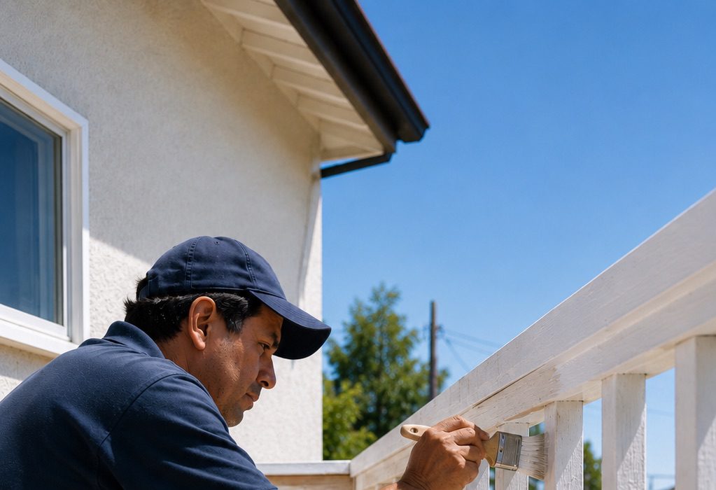 Pintor aplicando pintura blanca sobre una baranda de madera