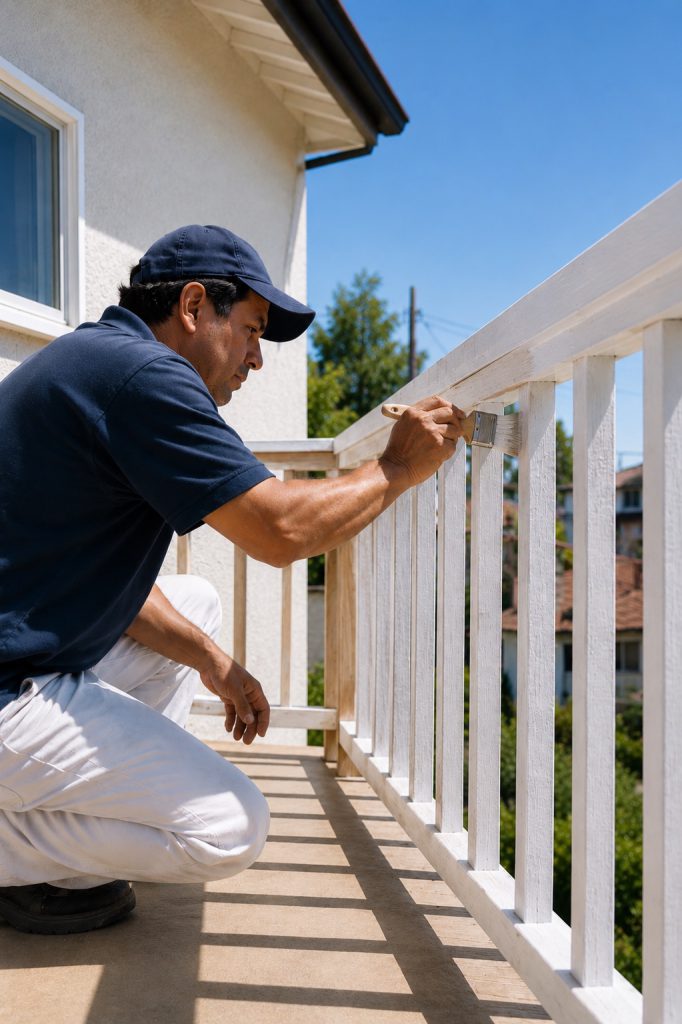 Pintor aplicando pintura blanca sobre una baranda de madera