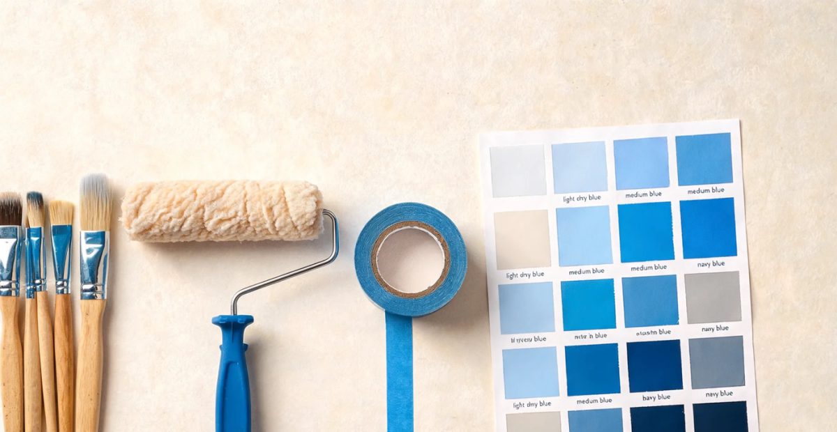Brochas, rodillo, cinta de enmascarar y carta de colores azules sobre una mesa