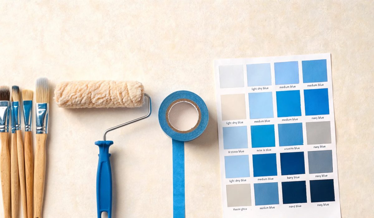 Brochas, rodillo, cinta de enmascarar y carta de colores azules sobre una mesa