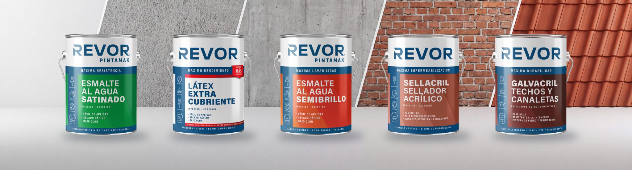 Cinco pinturas Revor sobre yeso, estuco, hormigón, ladrillo y teja