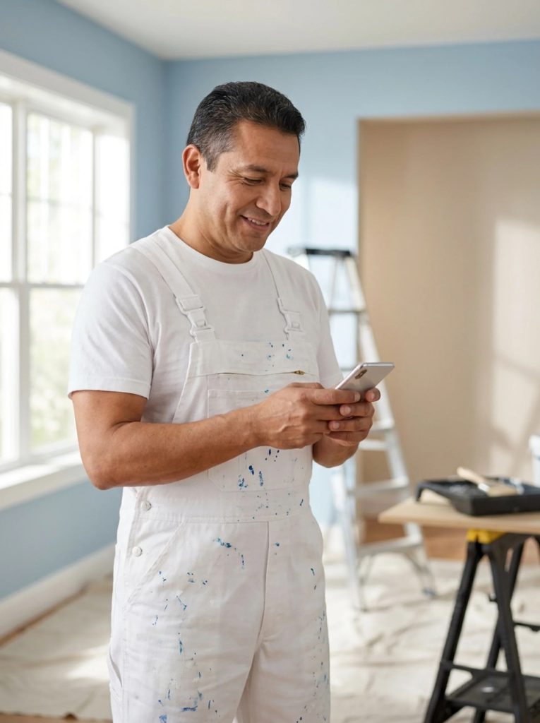 Pintor calculando material en su teléfono dentro de una vivienda